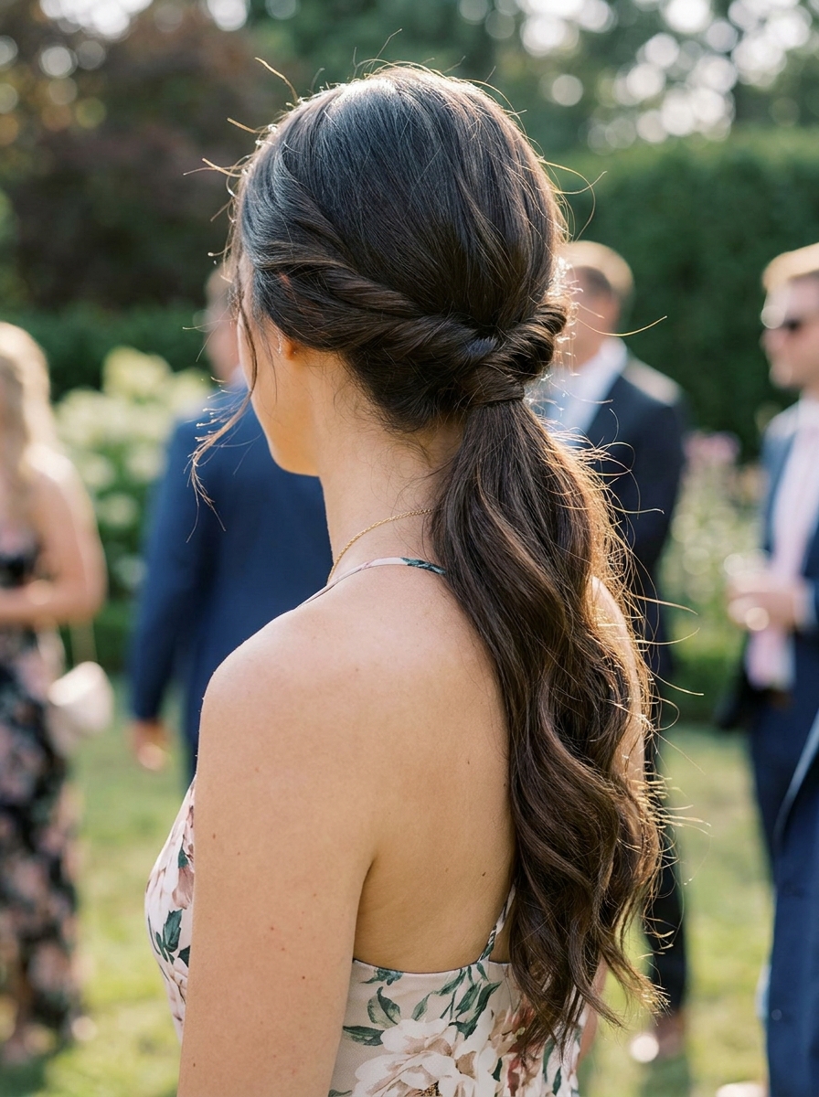 Twisted Low Ponytail als Frisuren für lange Haare als Hochzeitsgast Inspiration 2026